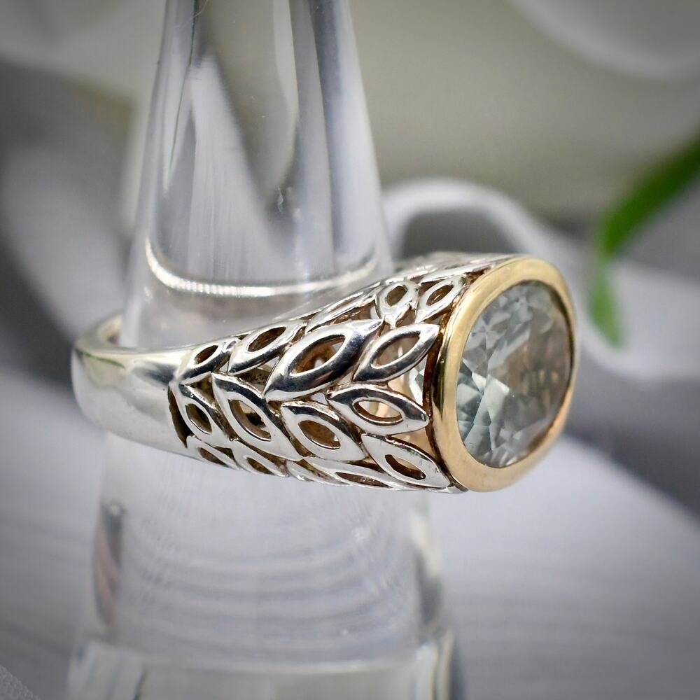 Vintage Lorenzo 925 Sterling Silver 18K Gold Green Amethyst Ring Size 7 9.35g